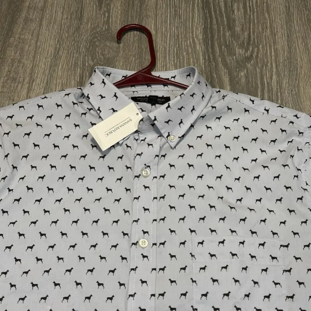 Banana Republic Mens All Over Dog Print Button Down Stretch Dress Shirt Sz L NWT